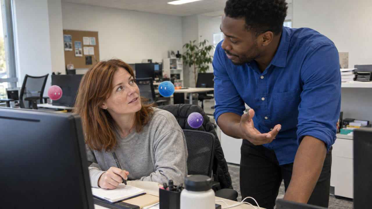 Two colleagues solving a problem at an office workstation with Nas AI agents.