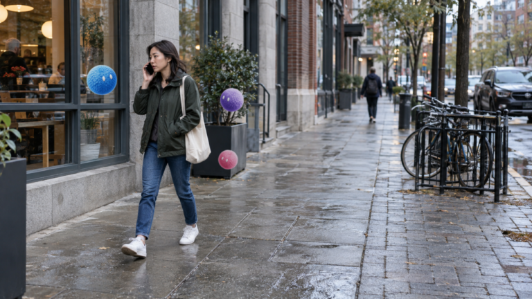 Professional using her phone between meetings with Nas AI agents nearby.