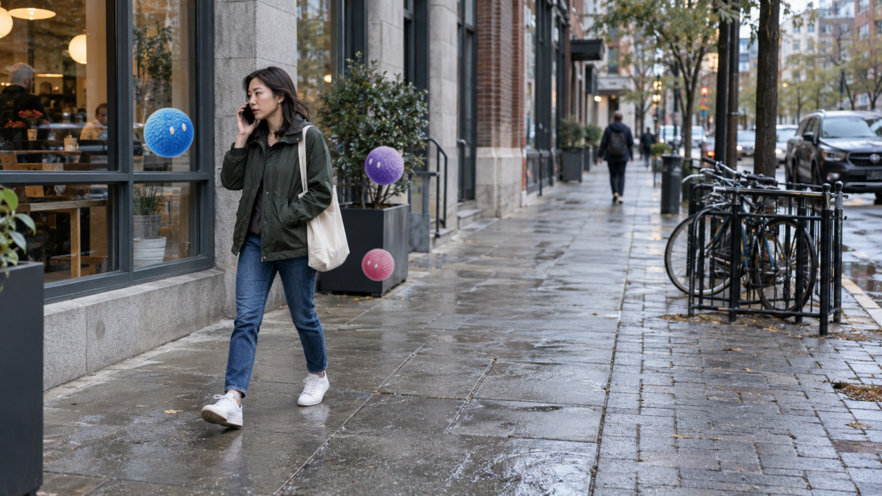 Professional using her phone between meetings with Nas AI agents nearby.