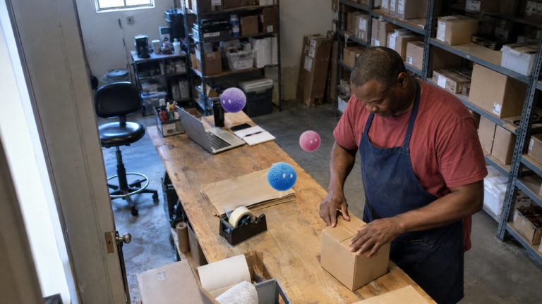 Business owner packing customer orders with Nas AI agents beside the workbench.