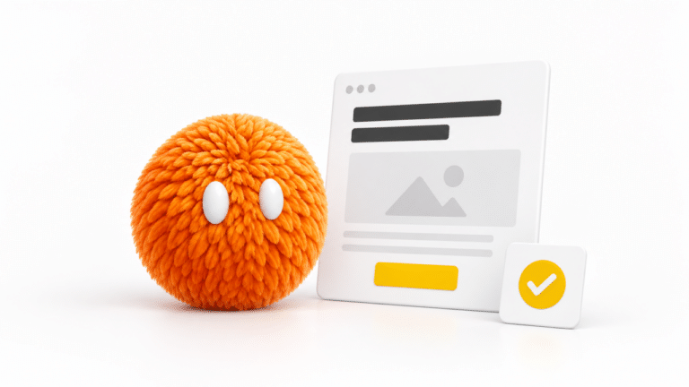 Orange feathered Nas agent beside a landing-page layout with a yellow call-to-action button for landing page optimization.