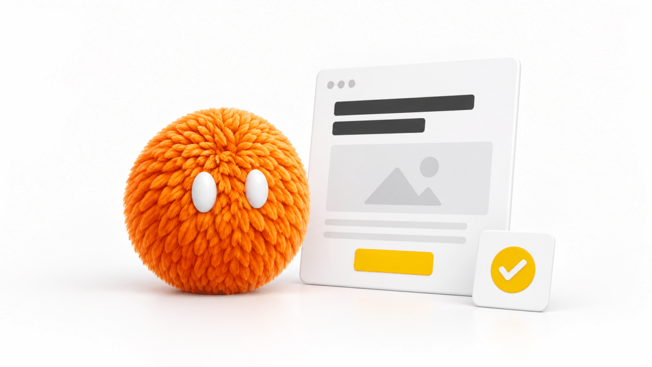 Orange feathered Nas agent beside a landing-page layout with a yellow call-to-action button for landing page optimization.