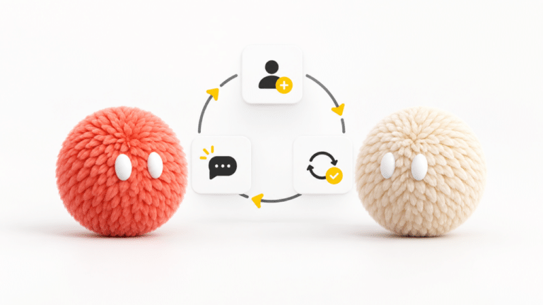 Coral and cream feathered Nas agents beside a customer lifecycle diagram for AI customer retention.
