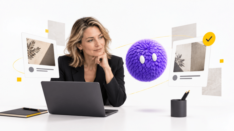 Marketing director and purple feathered Nas agent reviewing campaign creative for a Meta ads strategy.