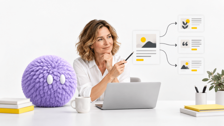Marketing editor and lilac feathered Nas agent planning an organic marketing strategy across content channels.