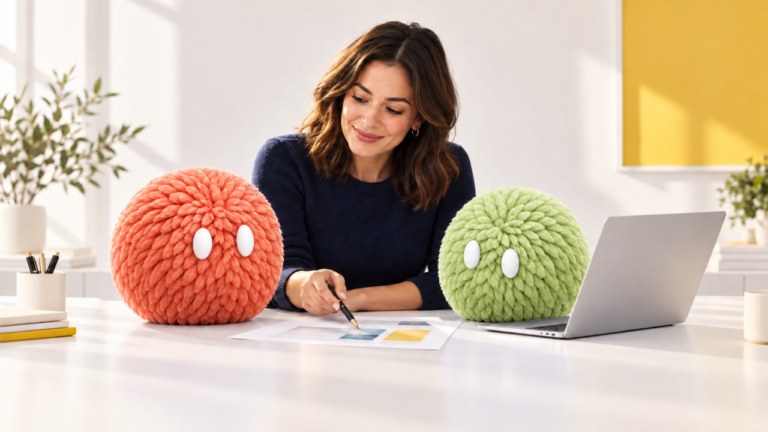 A marketing leader briefs coral and lime Nas agents at a desk.