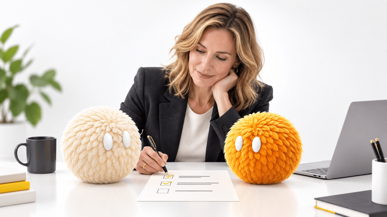 Illustration of a marketing manager reviewing a checklist with cream and orange AI agents.