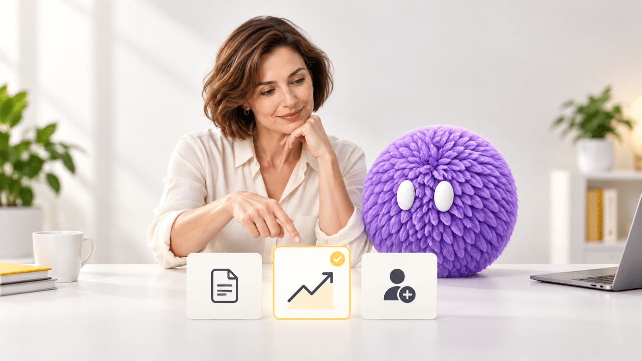 Marketing director comparing AI agent use cases with a purple feathered agent and three workflow cards.