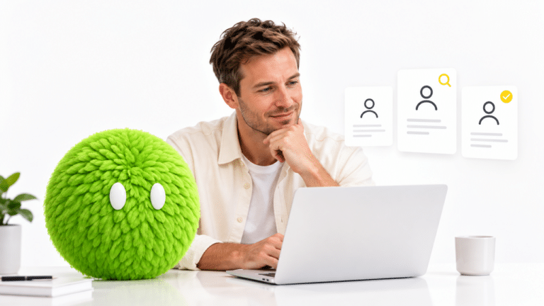 A marketer reviews prospect profiles with a green feathered AI agent for lead generation.
