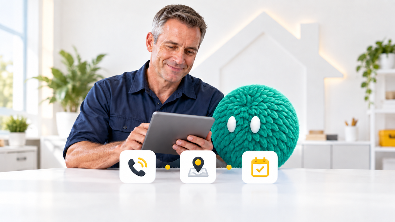 Home service marketing illustration with a business owner, teal AI agent and call-to-booking icons.