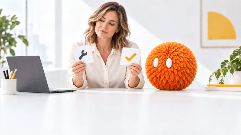 Marketer comparing build and buy options for AI marketing agents beside an orange feathered Nas agent.
