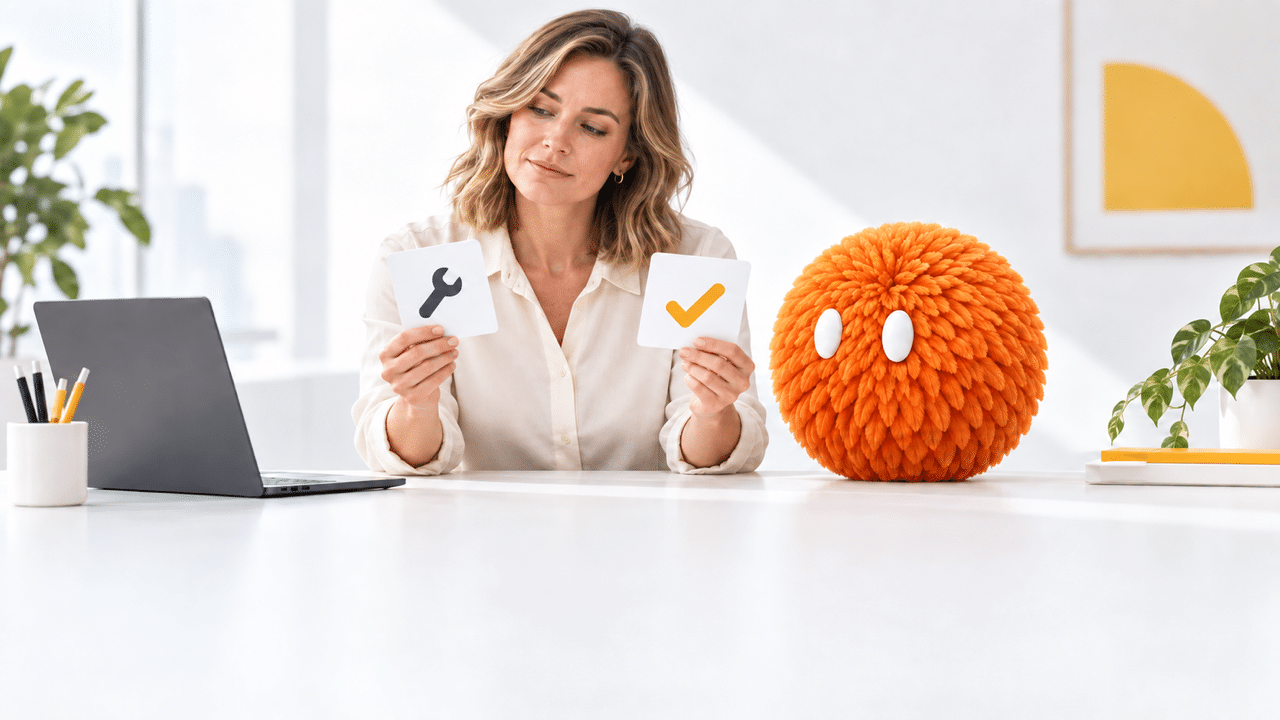 Marketer comparing build and buy options for AI marketing agents beside an orange feathered Nas agent.