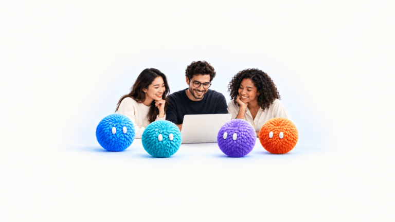 Three human marketers collaborating at a laptop with four feathered Nas AI agents in blue, teal, purple, and orange.