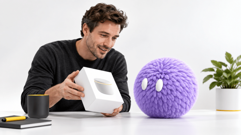 Illustration of a founder presenting a product to a lilac AI agent for evaluation.