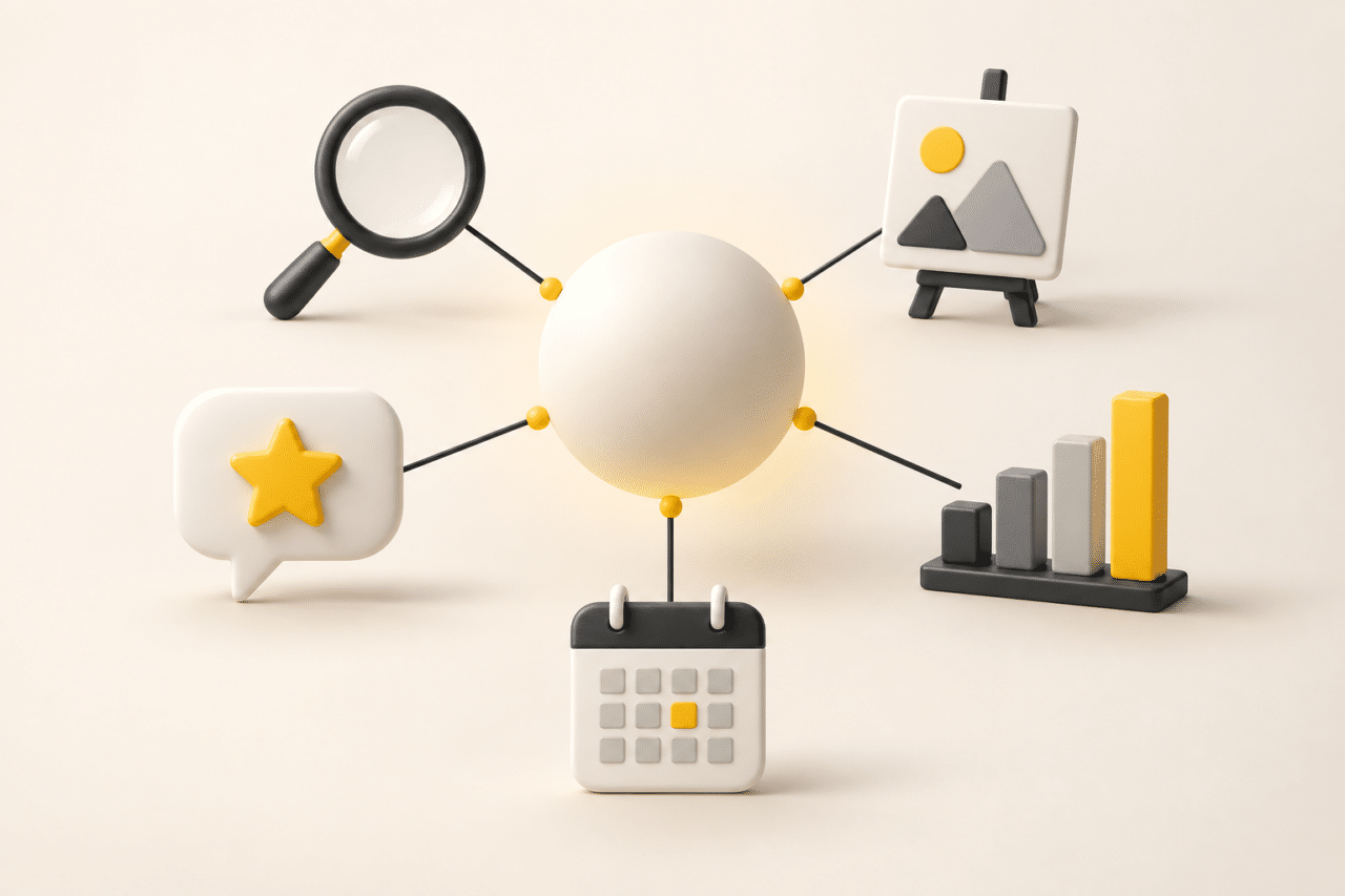 Illustration of a shared hub connecting search, advertising, reputation, reporting and appointments in a clinic patient acquisition system.