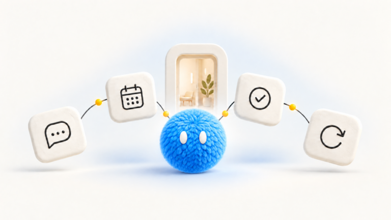 Blue Nas AI agent with layered feathers connecting a clinic patient acquisition journey through inquiry, booking, attendance and return.