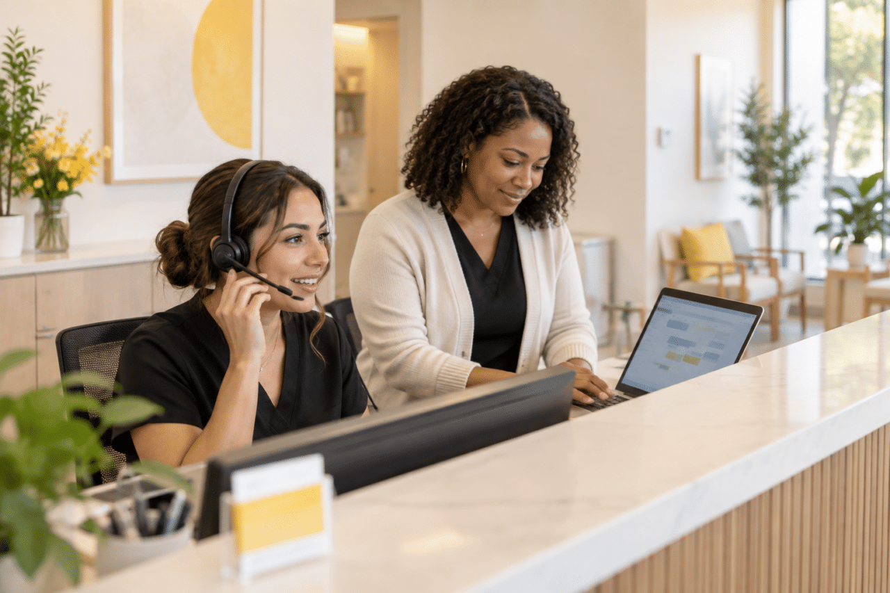 Illustration of two clinic staff coordinating appointment inquiries, one using a headset and one reviewing a laptop calendar.