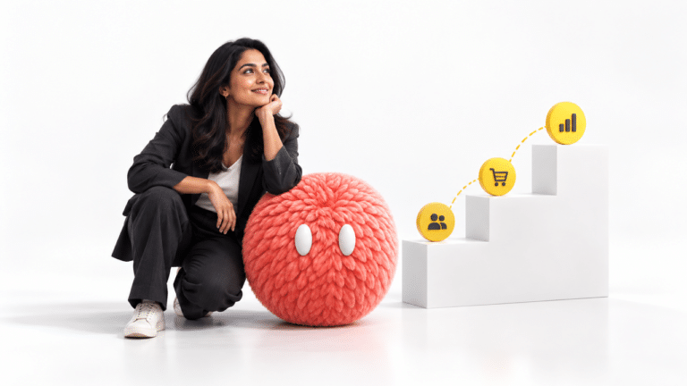 Illustration of a marketer and coral AI agent tracing customer value through acquisition stages.