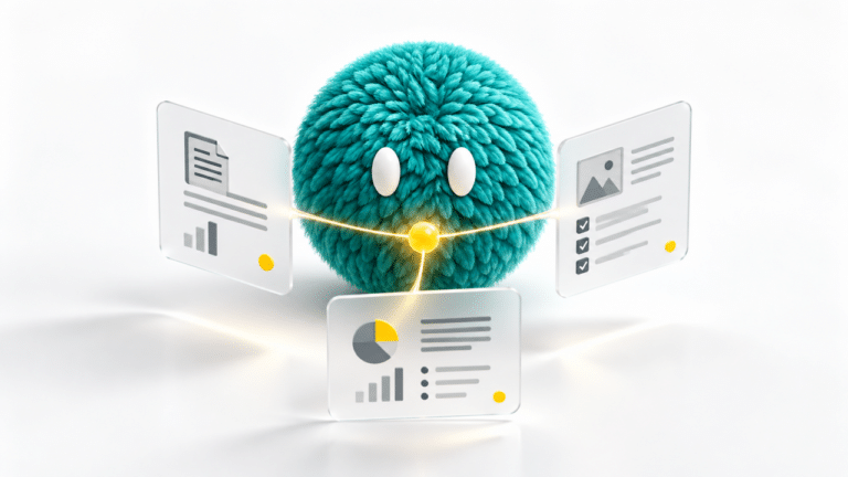 Illustration of a teal AI agent gathering evidence from several marketing data cards.