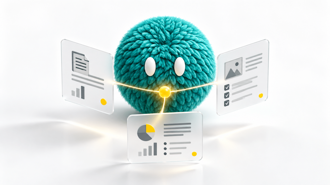Illustration of a teal AI agent gathering evidence from several marketing data cards.