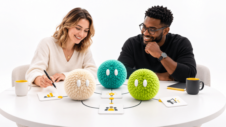 Illustration of two marketers coordinating a workflow with cream, teal and lime AI agents.
