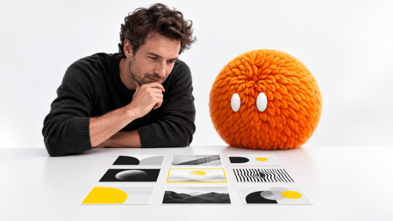 Illustration of a marketer and orange AI agent reviewing a grid of ad creatives.