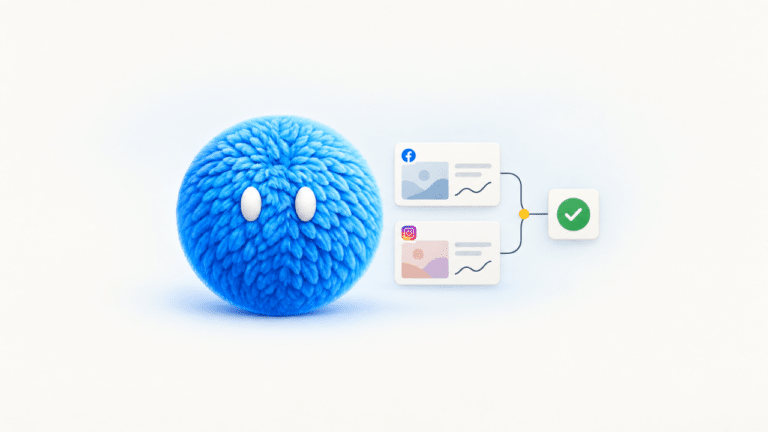 Blue feathered Nas Meta Ads AI agent beside Facebook and Instagram ad cards connected to a green approval check on a light background.