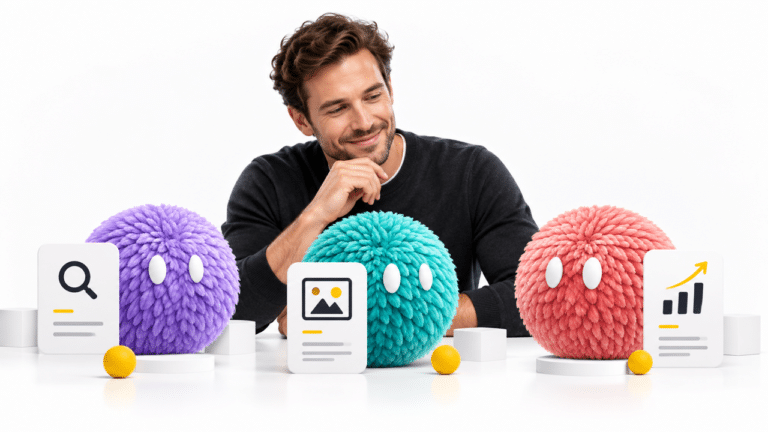 Illustration of a marketing lead coordinating lilac, teal and coral specialist AI agents.