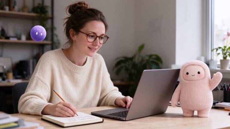 A woman sketching at her laptop beside a pink AI companion and a purple AI agent.
