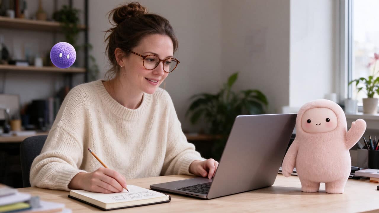 A woman sketching at her laptop beside a pink AI companion and a purple AI agent.