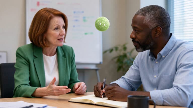 Two colleagues discussing an implementation plan with a green Nas AI agent nearby.