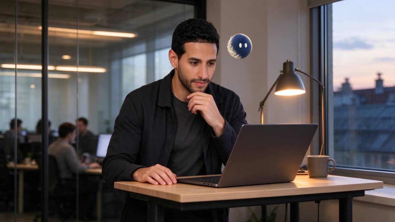 A business leader working at a laptop with a blue AI agent nearby.