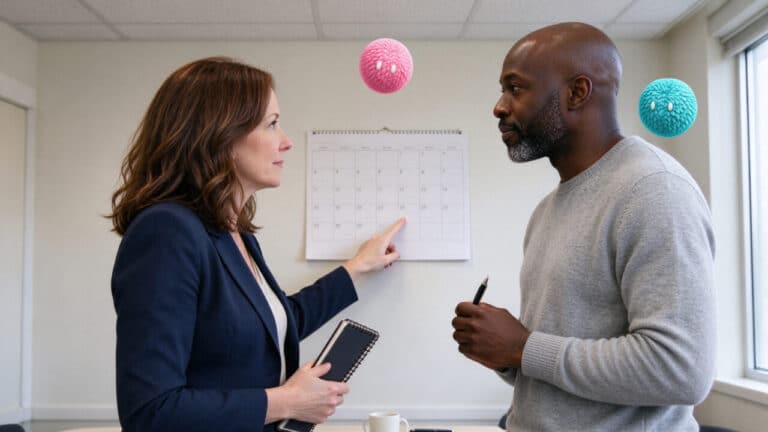 Two colleagues discussing a project calendar with pink and teal Nas AI agents nearby.