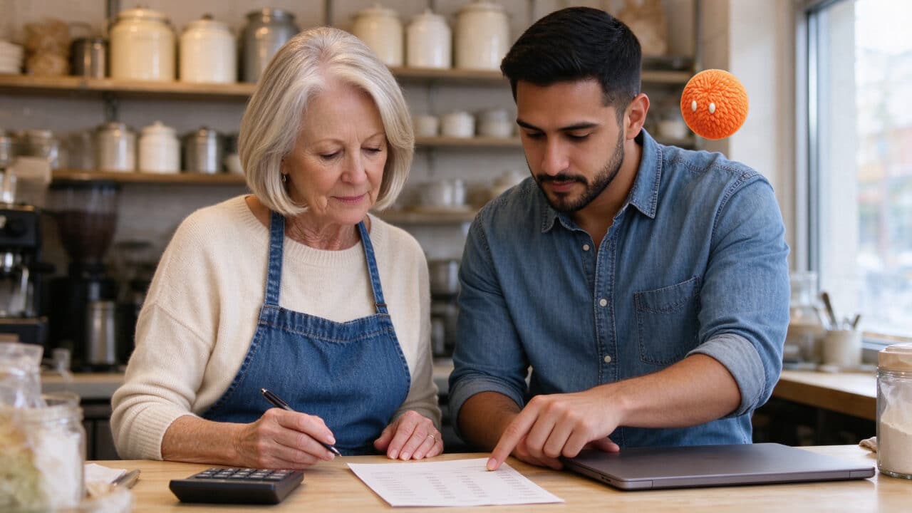 Two business owners reviewing costs with a calculator and an orange Nas AI agent nearby.