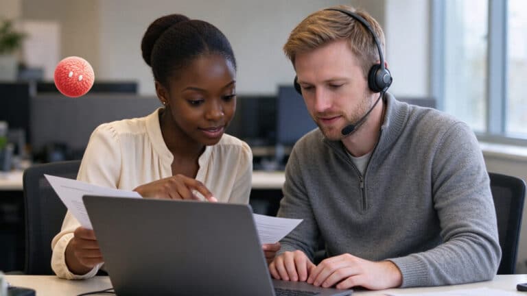 Customer service colleagues reviewing information on a laptop with a coral Nas AI agent nearby.