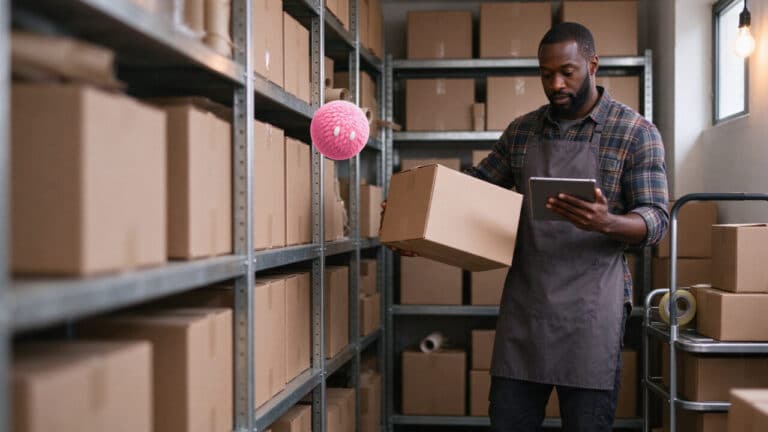 A shop owner checking an order on a tablet beside stocked shelves and a pink Nas AI agent.