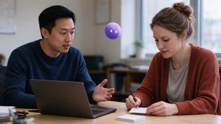 Two colleagues planning work at a laptop with a purple Nas AI agent nearby.