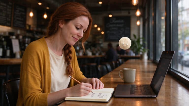 A business owner comparing figures in a notebook beside a laptop and a cream Nas AI agent.