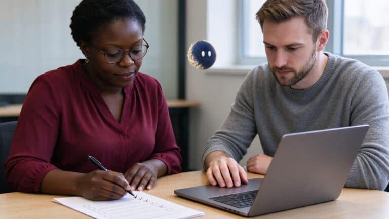 Two colleagues evaluating work with a laptop, checklist and a blue Nas AI agent nearby.
