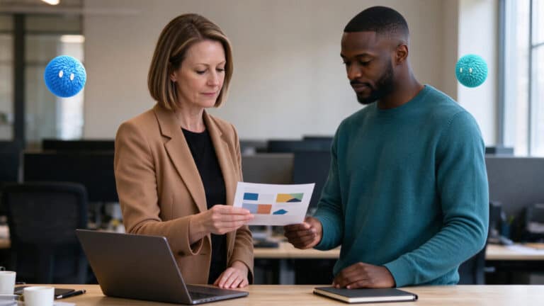 Two colleagues reviewing a workflow report with blue and teal Nas AI agents nearby.