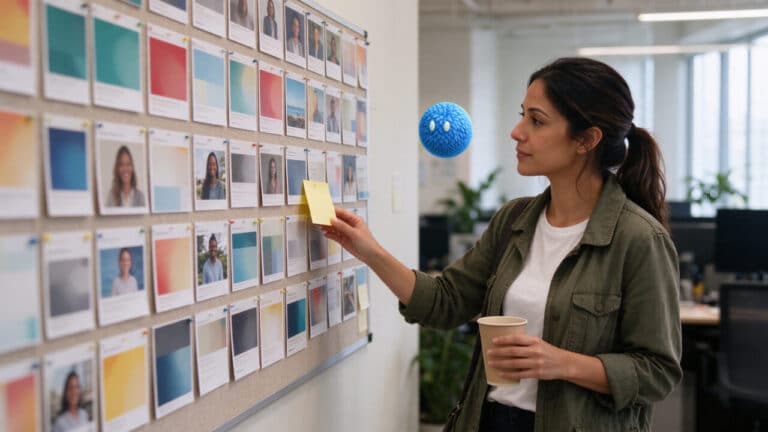 A marketer reviewing campaign concepts on a wall with a blue Nas AI agent nearby.