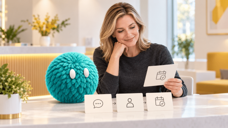 Illustration of a clinic manager reviewing an appointment card beside a teal Nas AI agent.