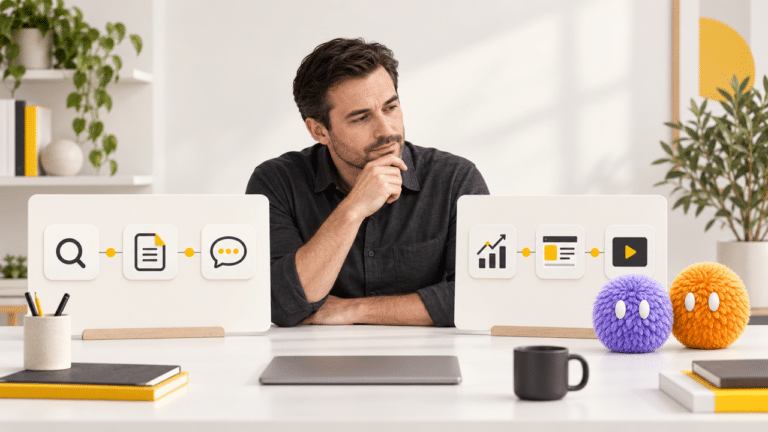 Illustration of a marketing leader comparing workflow boards beside lilac and orange Nas AI agents.