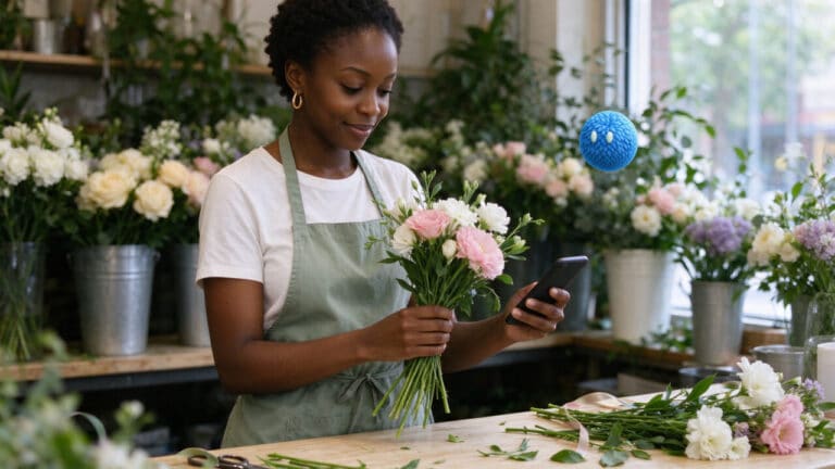 A florist holding a bouquet and checking her phone, with a blue AI agent nearby.